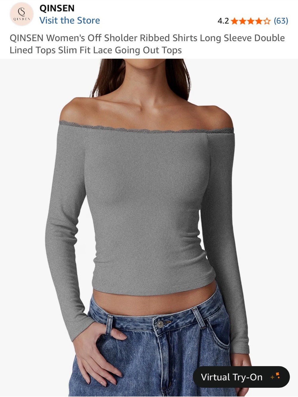QINSEN Women's Gray Off-Shoulder Ribbed Long Sleeve Top